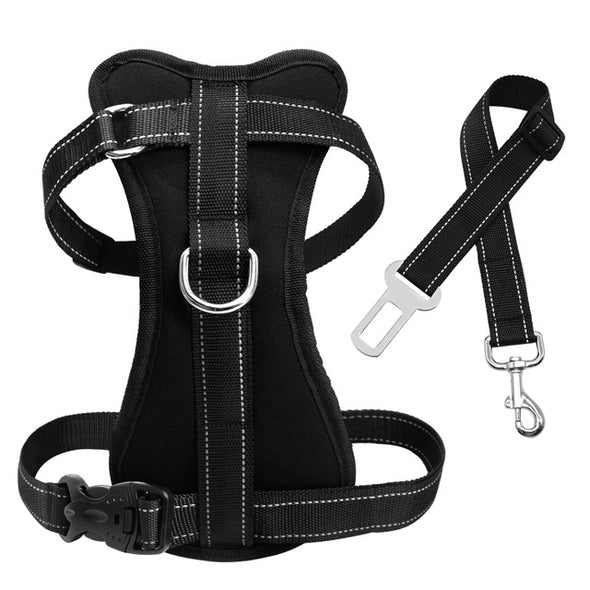 Reflective Mesh Nylon Dog Harness With Safety Car Seat Strap Soft Padded Pet Dogs Vest Adjustable Vehicle Seat Belt Set S M L XL