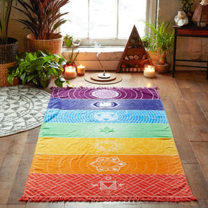 Tassel Tapestry Rainbow 7 Strips Floral Printed Bohemian Beach Towel Polyester Fiber Yoga Mat Wall Hanging Mandala Blanket